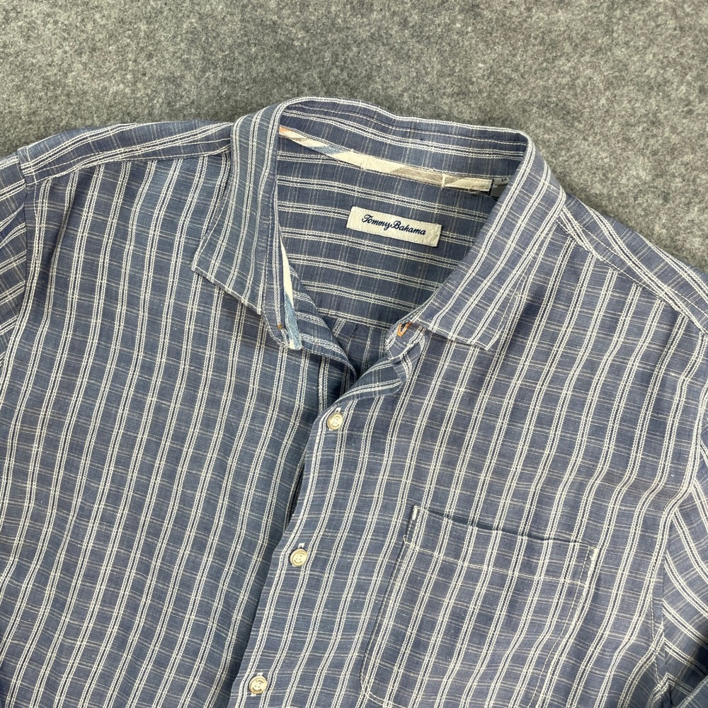 Tommy Bahama Mens Shirt L Blue Plaid Linen Long Sleeve Resort Island Button Up
